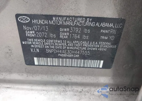 2013 Hyundai Elantra Gls z USA, uszkodzony, nr VIN 5NPDH4AE3DH447555